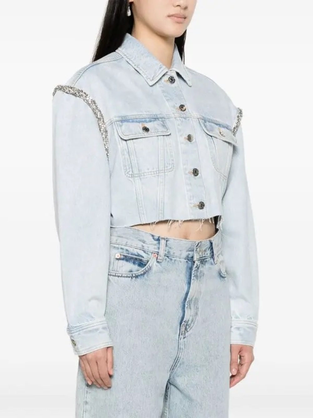 Sandro Light Blue Cropped Oversized Rhinestone Denim Jacket  - US 10 (42)